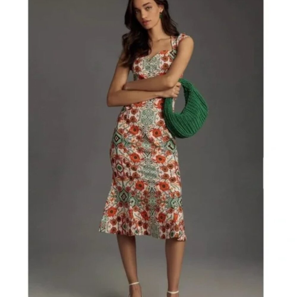 Anthropologie Cecily Fit & Flare Sweetheart Midi Dress XL Petite Orange Motif